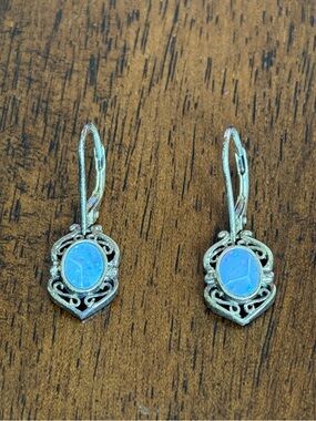 Vintage Sterling Silver 925 Filigree Leverback Earrings w/Blue Oval Stones